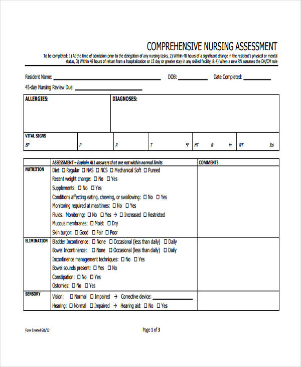 sample comprehensive nursing assessment form