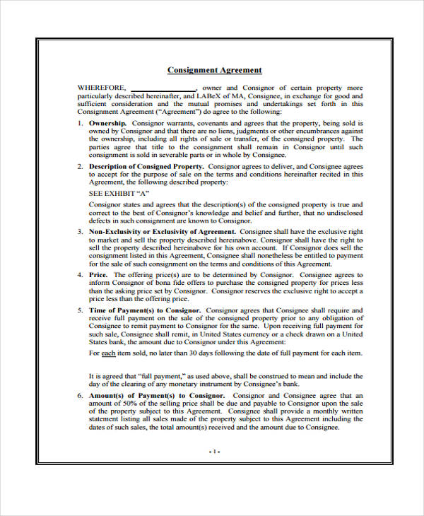 sample consignment sales agreement form