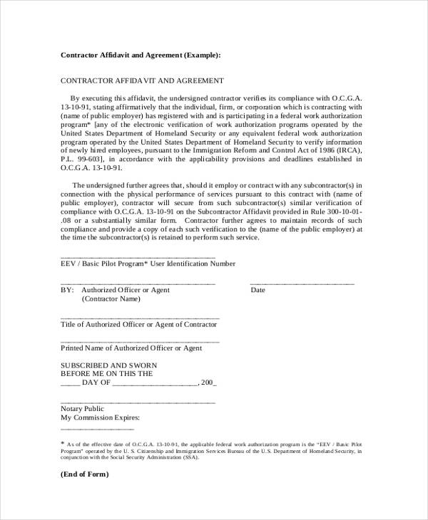 sample contractor affidavit agreement form