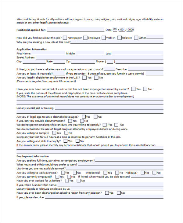 sample employee job application form