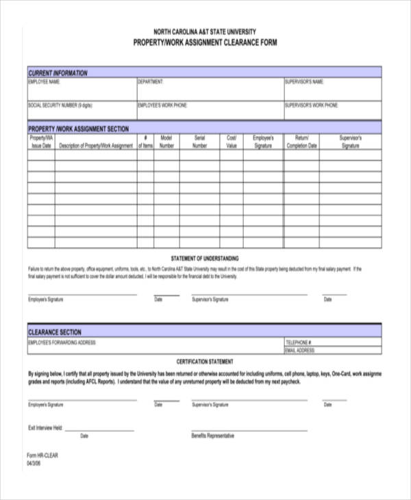 sample employee property clearance form