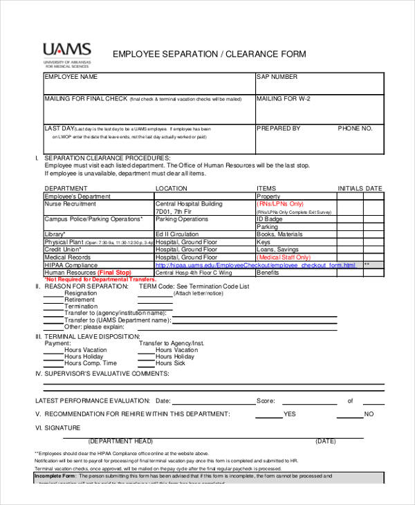sample employee separation clearance form