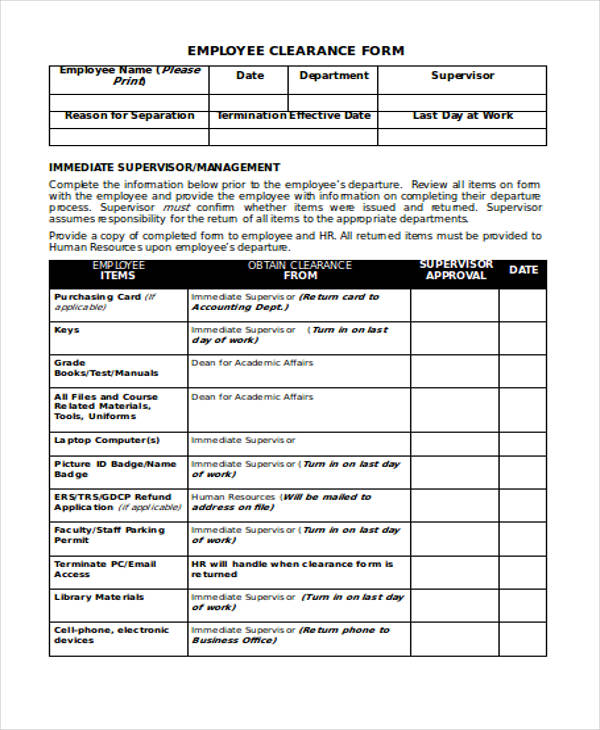 sample employee termination clearance form