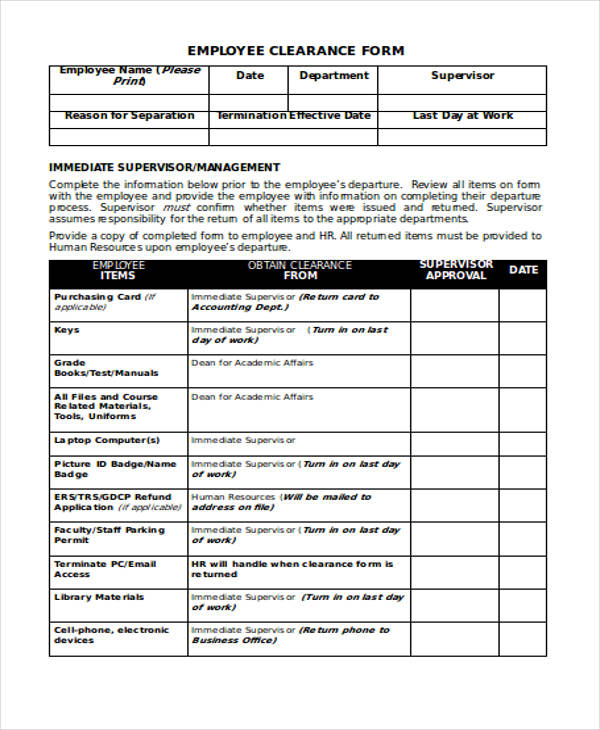 FREE 14+ Employee Clearance Form Samples, PDF, MS Word, Google Docs