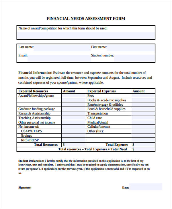 sample financial needs assessment form
