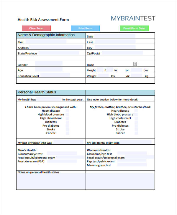 sample health risk assessment form
