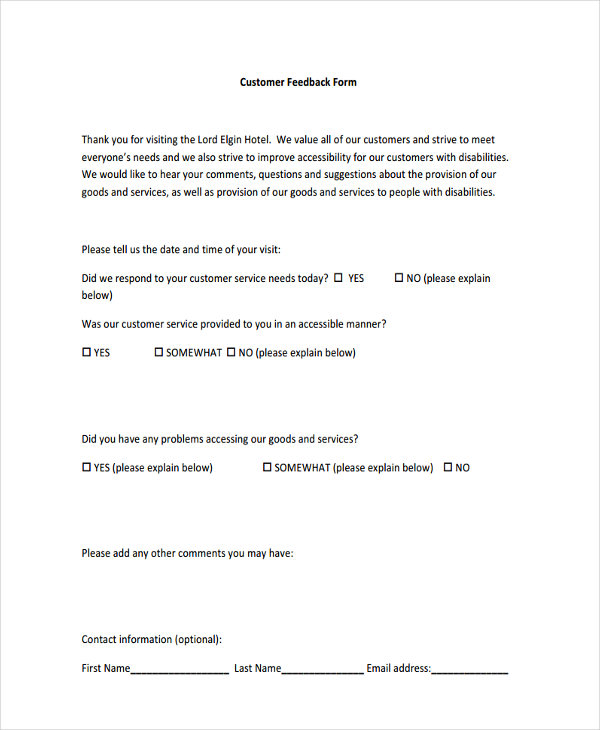 sample hotel customer feedback form