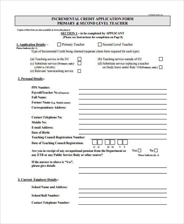 sample incremental credit application form