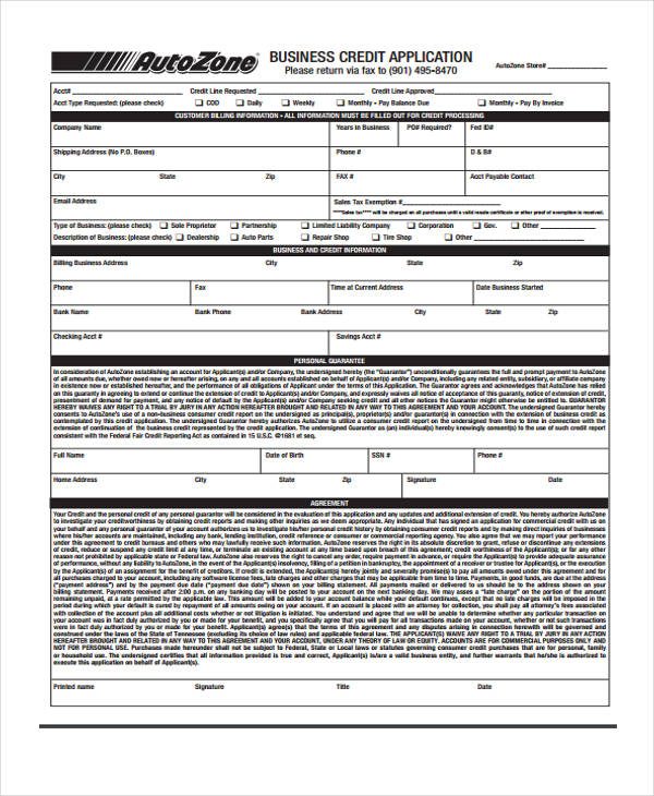 sample new business credit application form
