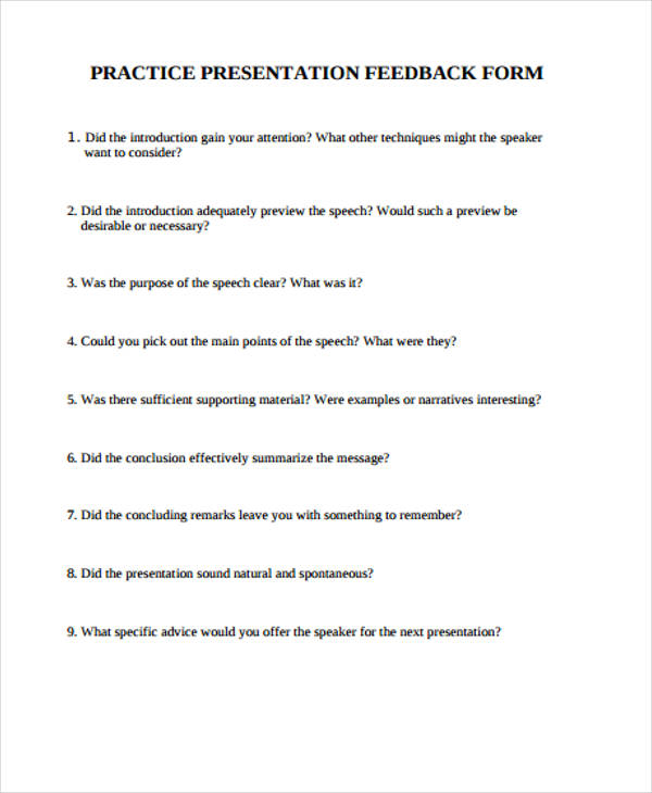 sample practice presentation feedback form