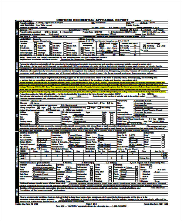 sample property appraisal report form