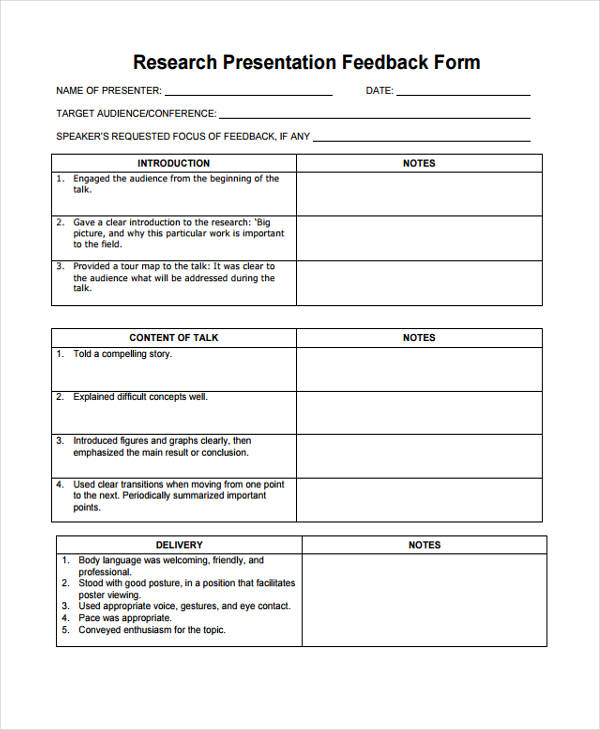 sample research presentation feedback form
