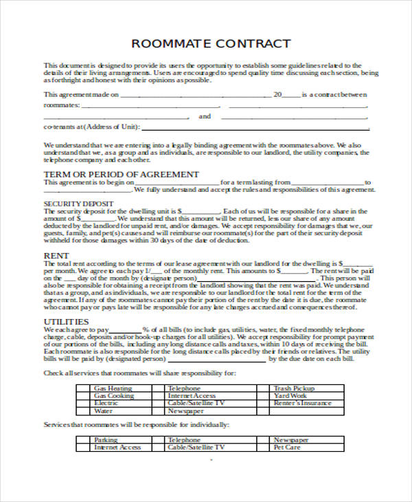 sample roommate rental agreement form