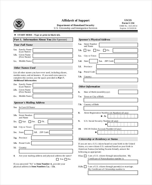 sample sponsor affidavit support form