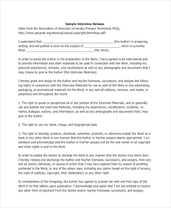sample working interview release form