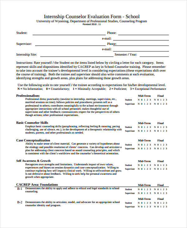 school counselling evaluation form