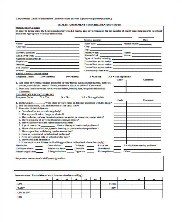 school entry health assessment form