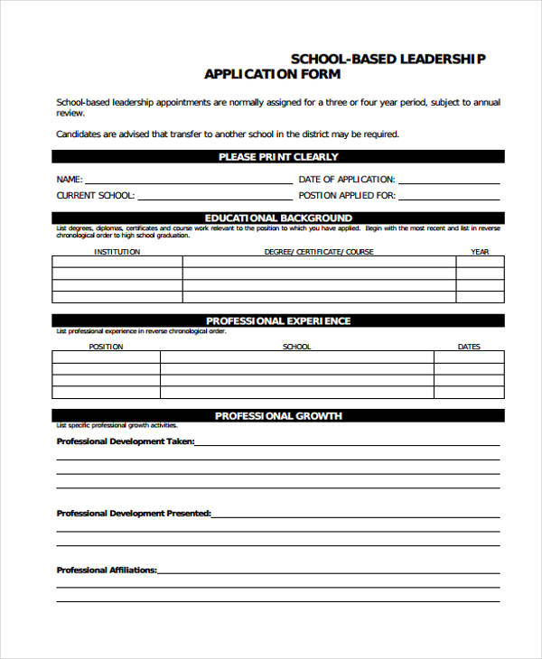 school leadership application form