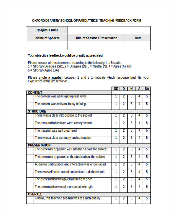 school teaching presentation feedback form