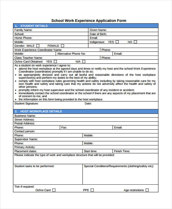 school work experience application form