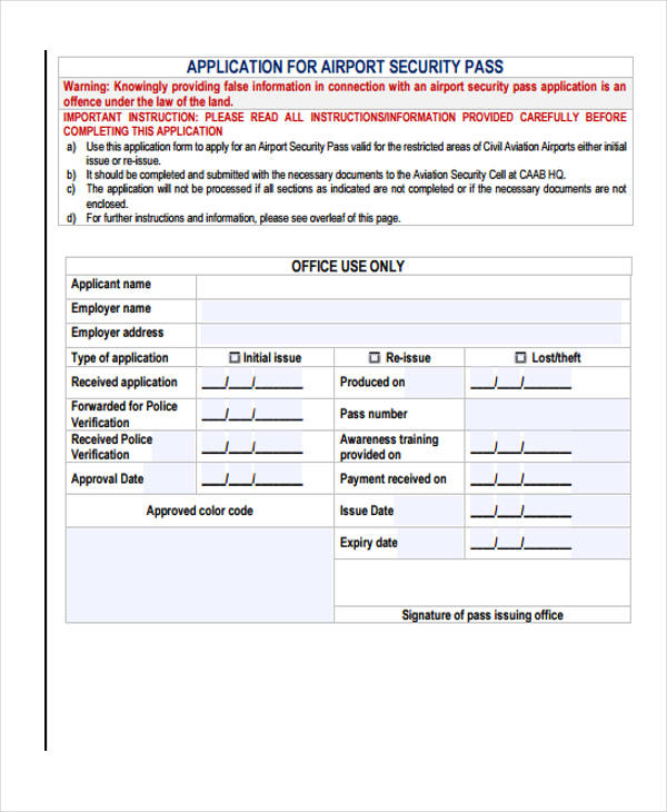 security pass application form