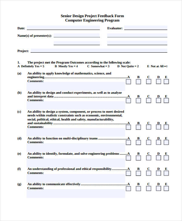 senior design presentation project feedback form