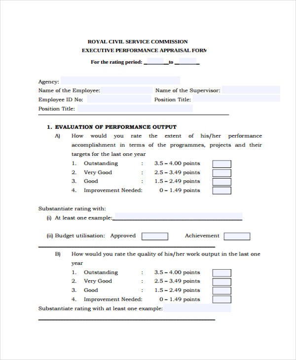 senior executive performance appraisal form