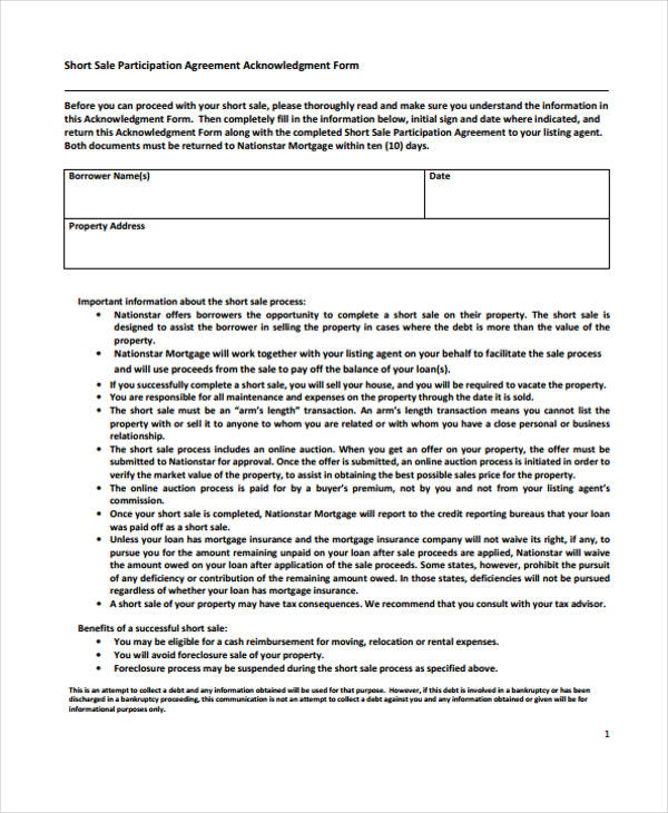 short sales participation agreement form