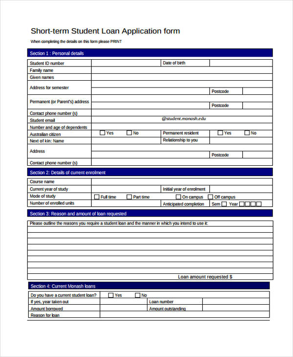 short term student loan application form