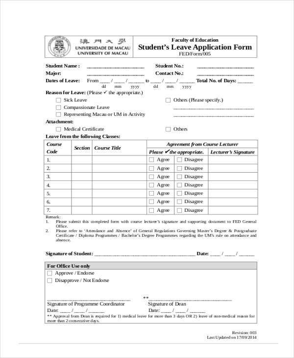 sick student leave application form