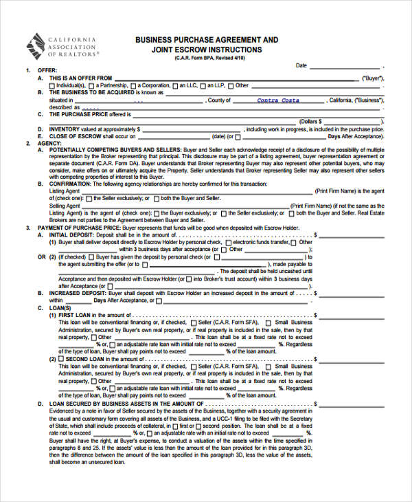small business purchase agreement form