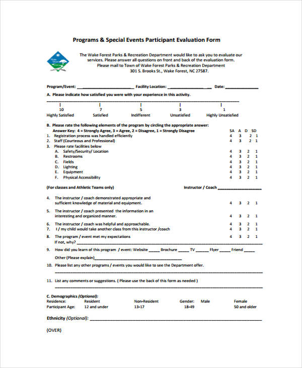 special event participant evaluation form