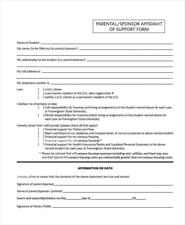 sponsor affidavit support form format