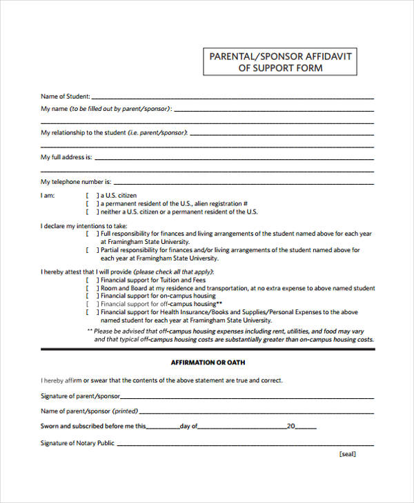 sponsorship student affidavit form