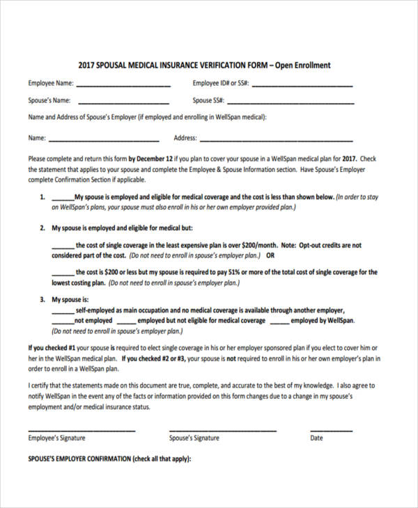 spousal medical insurance verification form