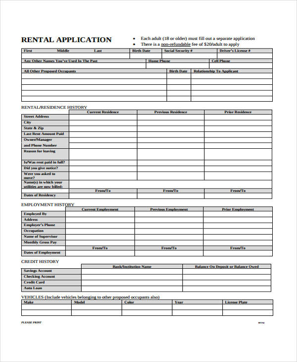 standard home rental application form
