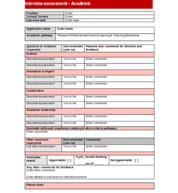 standard interview assessment form