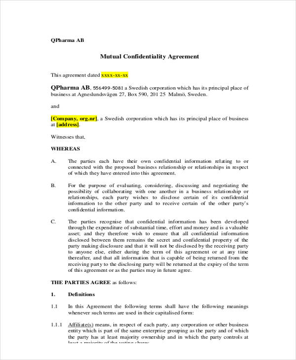 standard mutual confidentiality agreement form