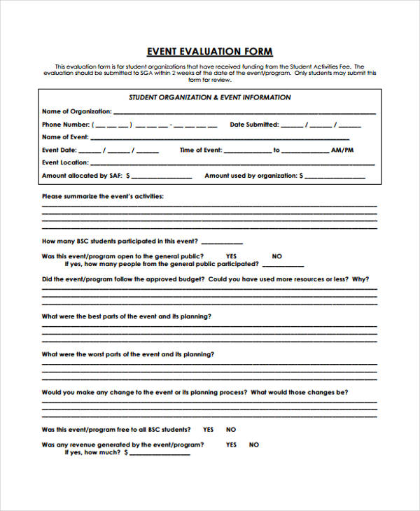 student activities event evaluation form