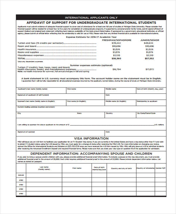 student affidavit support form in pdf