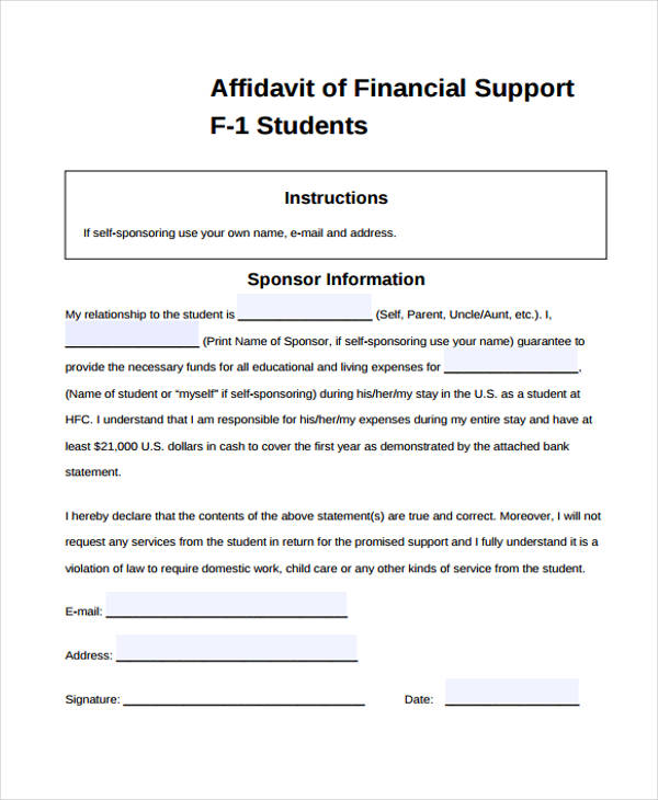 student affidavit support form