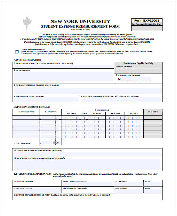 student business expense form