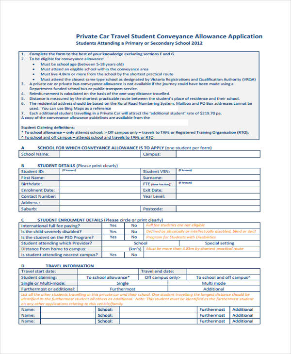 student conveyance allowance application form