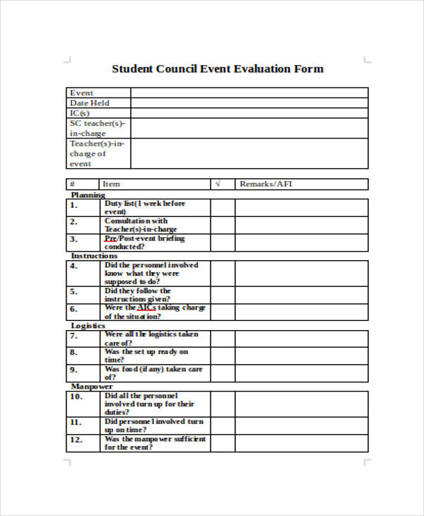 student council event evaluation form