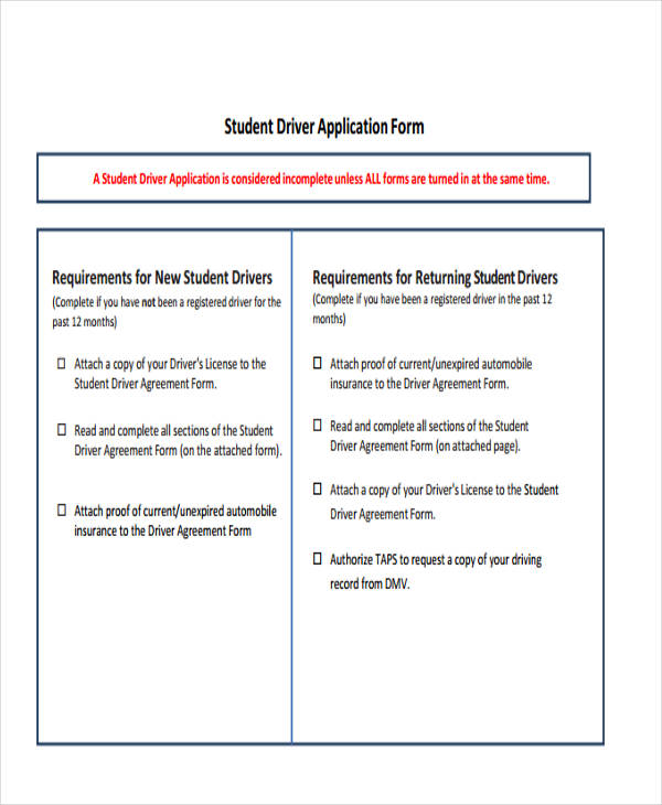 student driver license application form
