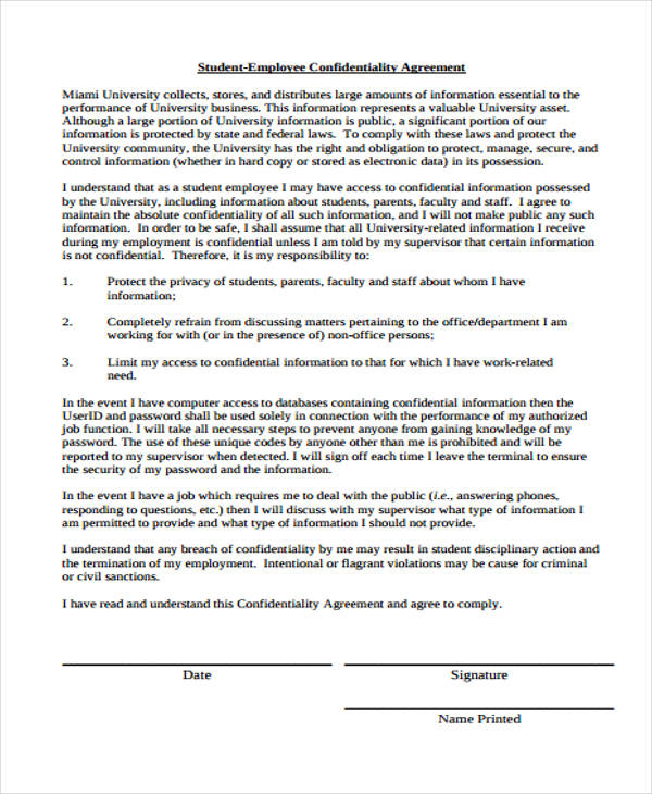 student employee confidentiality agreement form