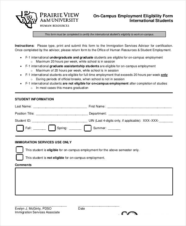 student employment eligibility form sample
