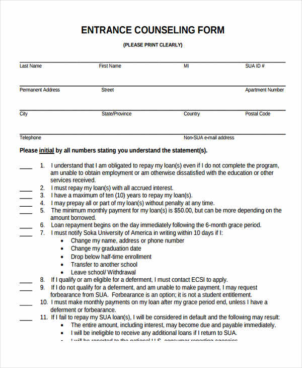 student entrance counseling form