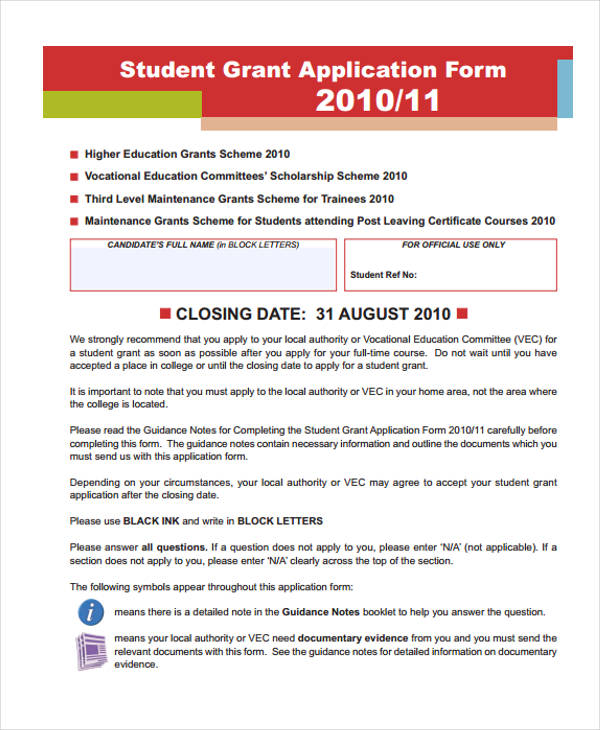 student finance grant application form