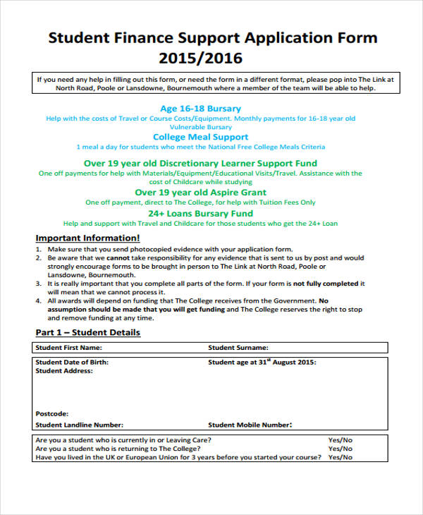 student finance support application form